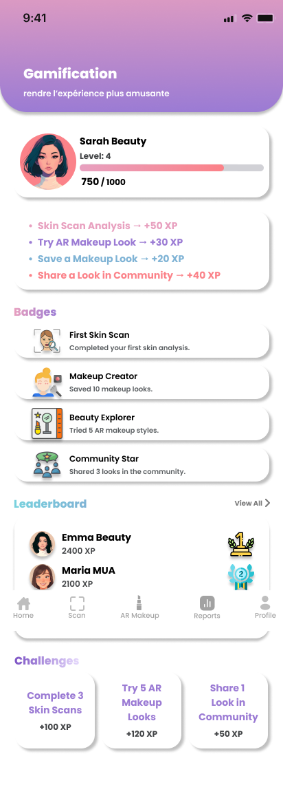 Écran de gamification avec XP, badges et défis