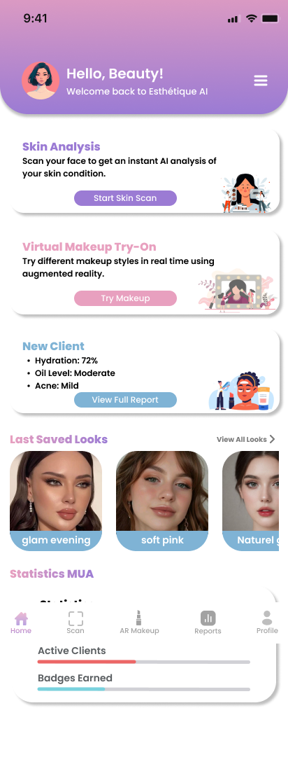 Écran d'accueil de l'application Esthetique AI