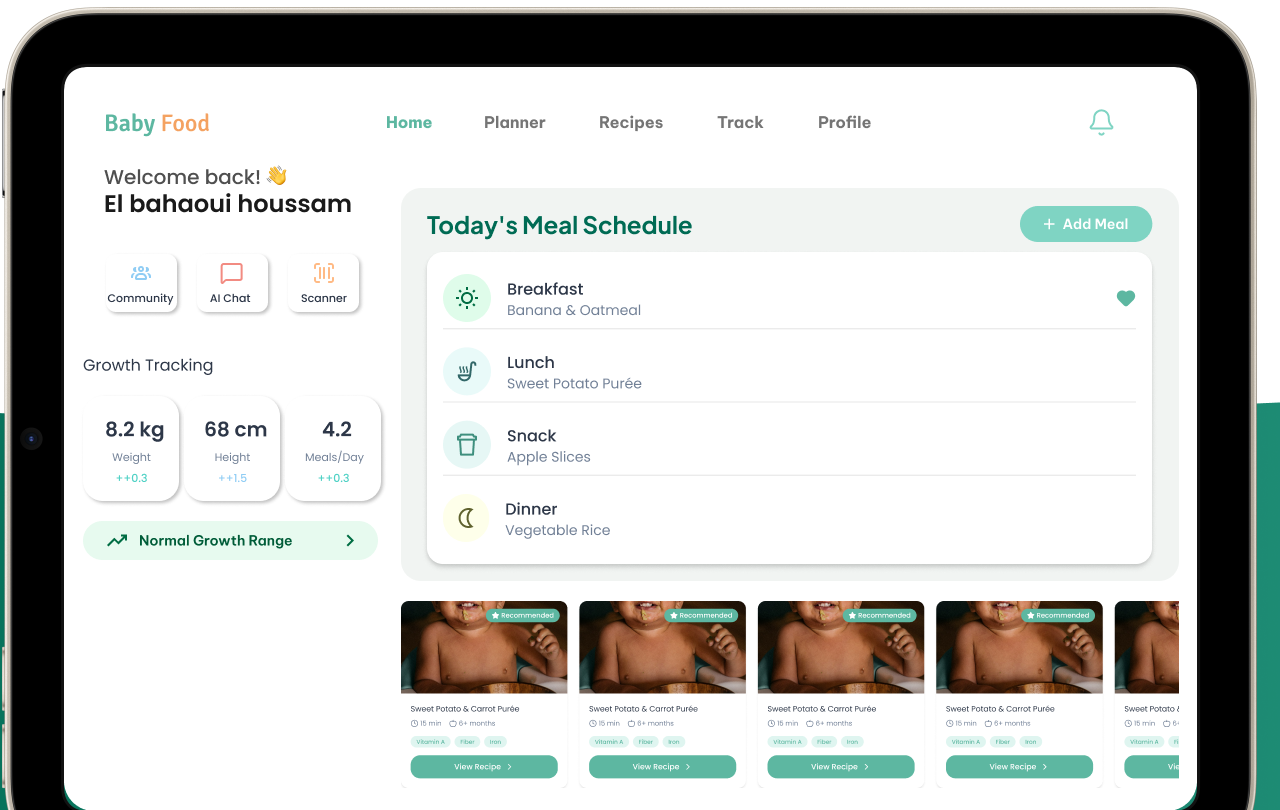 Tableau de bord Baby Food avec planning de repas du jour