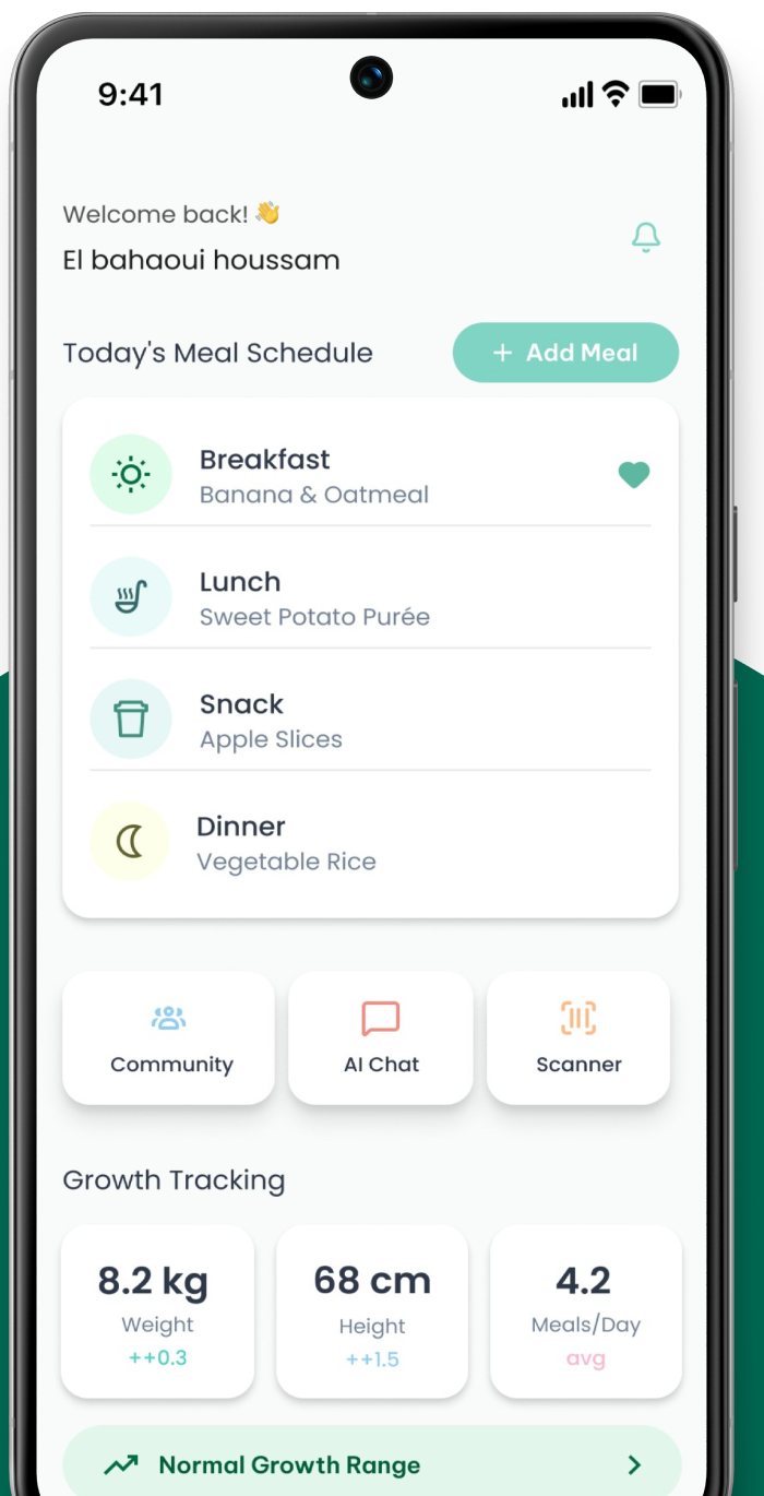 Tableau de bord de l'application Baby Food