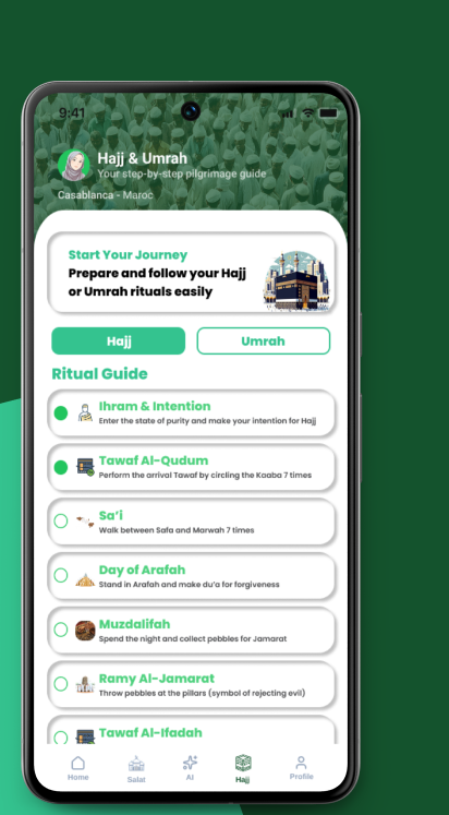 Guide étape par étape du Hajj dans Salat & Hajj AI