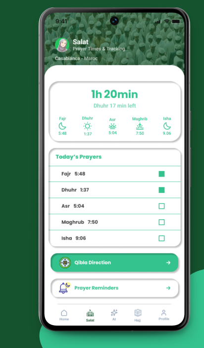 Suivi des prières quotidiennes dans Salat & Hajj AI